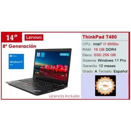 Portatil Reacondicionado Lenovo Thinkpad t480 i7-8550u 16gb 256ssd 14'' Windows 11 Pro