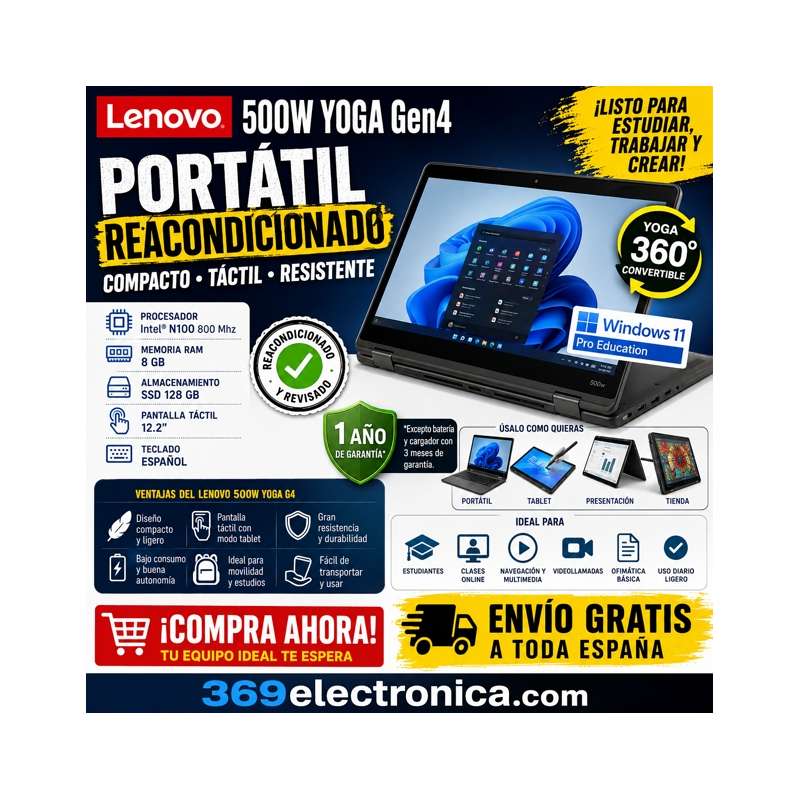 Portátil Reacondicionado Lenovo 500w Yoga G4 12.2" Táctil Intel N100 8gb 128gb Ssd Win 11 Pro Education