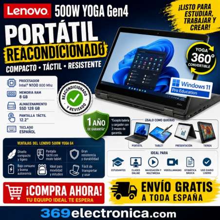 Portátil Reacondicionado Lenovo 500w Yoga G4 12.2" Táctil Intel N100 8gb 128gb Ssd Win 11 Pro Education
